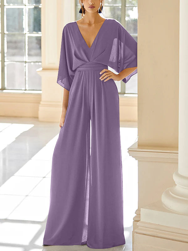 Mother of the Bride V Neck Chiffon Pantsuit Featuring Pockets