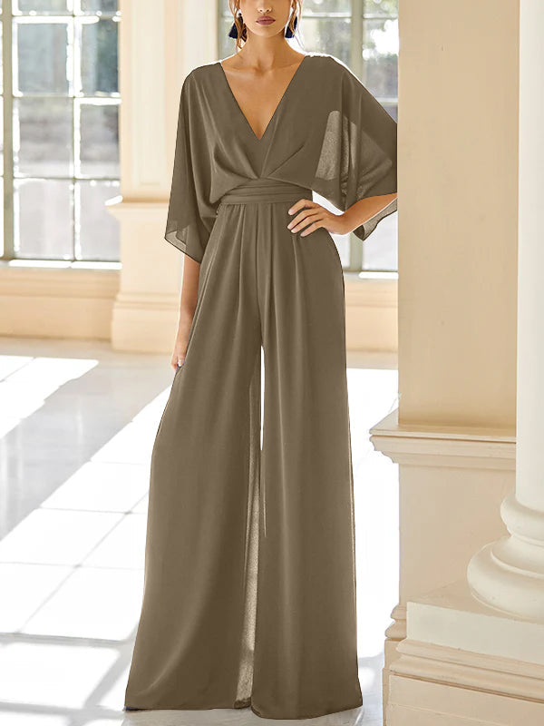 Mother of the Bride V Neck Chiffon Pantsuit Featuring Pockets