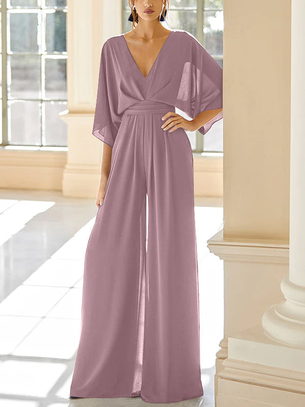 Mother of the Bride V Neck Chiffon Pantsuit Featuring Pockets