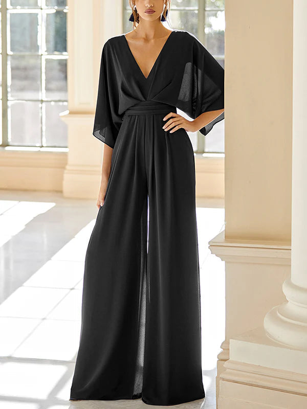 Mother of the Bride V Neck Chiffon Pantsuit Featuring Pockets