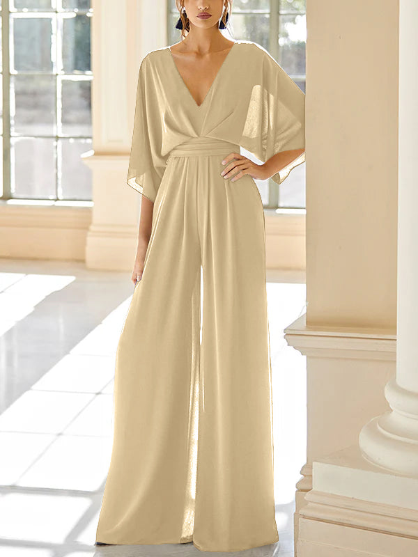 Mother of the Bride V Neck Chiffon Pantsuit Featuring Pockets