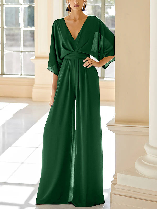 Mother of the Bride V Neck Chiffon Pantsuit Featuring Pockets