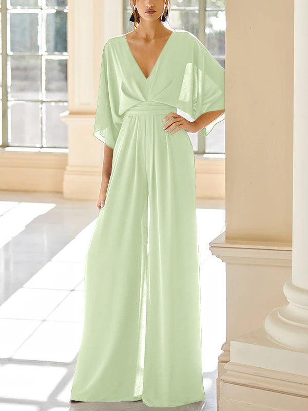 Mother of the Bride V Neck Chiffon Pantsuit Featuring Pockets