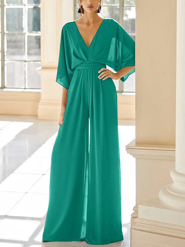 Mother of the Bride V Neck Chiffon Pantsuit Featuring Pockets