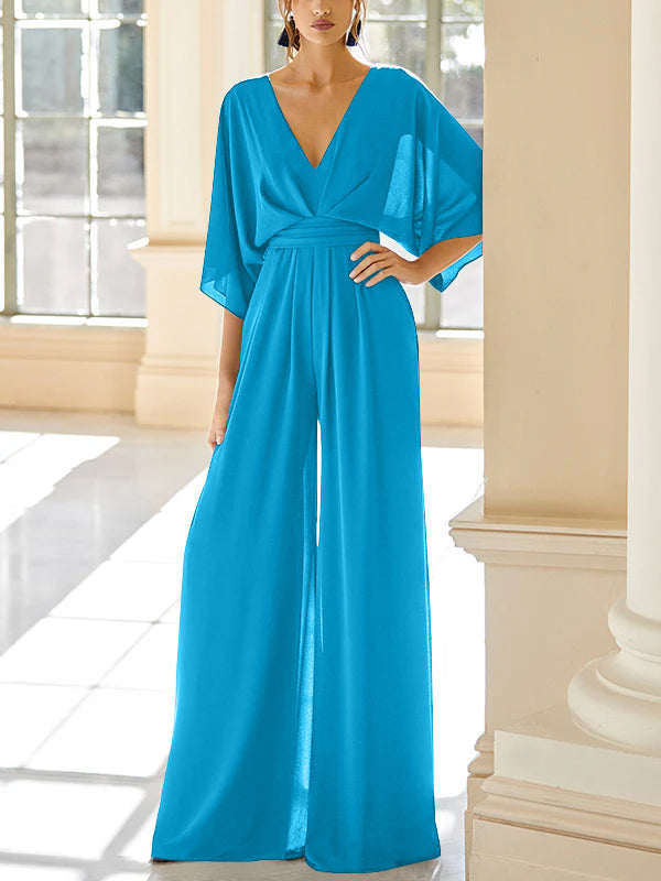 Mother of the Bride V Neck Chiffon Pantsuit Featuring Pockets