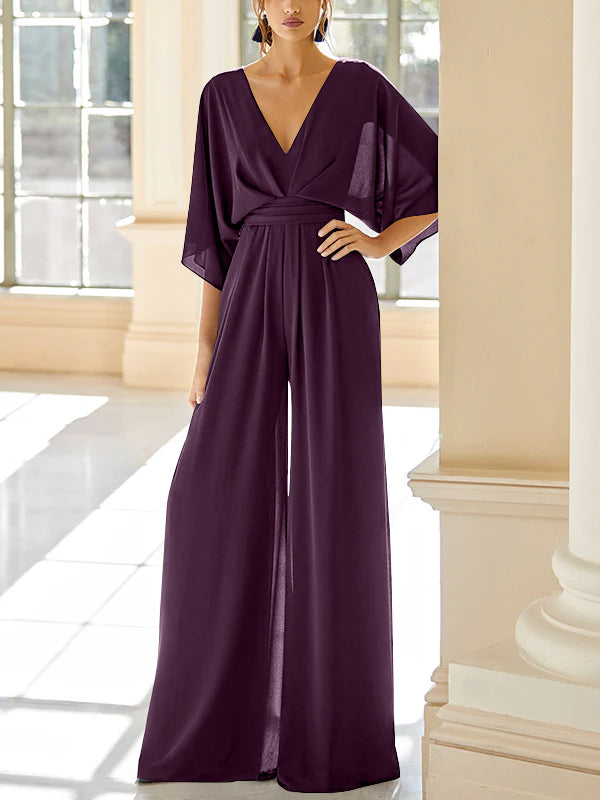 Mother of the Bride V Neck Chiffon Pantsuit Featuring Pockets