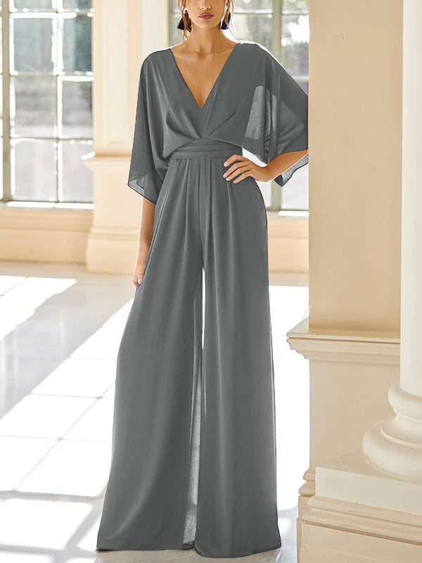 Mother of the Bride V Neck Chiffon Pantsuit Featuring Pockets