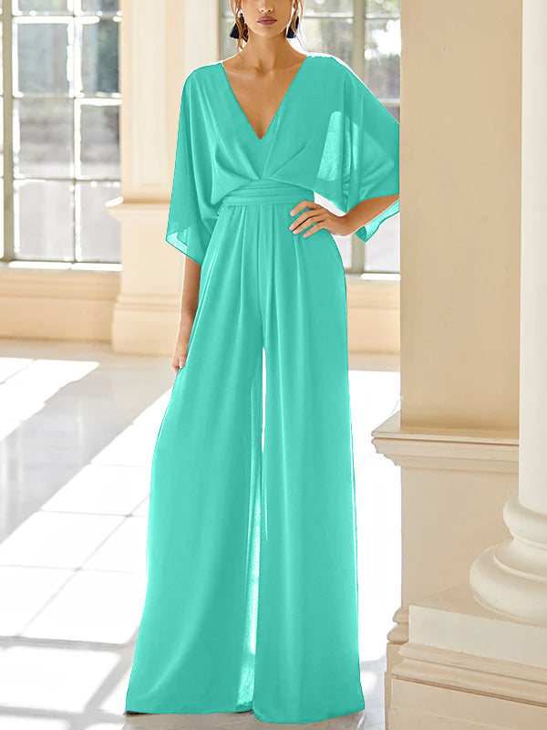 Mother of the Bride V Neck Chiffon Pantsuit Featuring Pockets