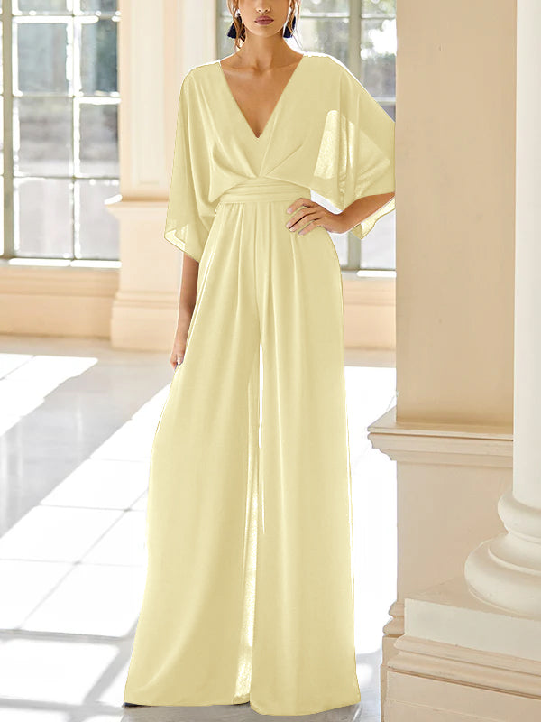 Mother of the Bride V Neck Chiffon Pantsuit Featuring Pockets