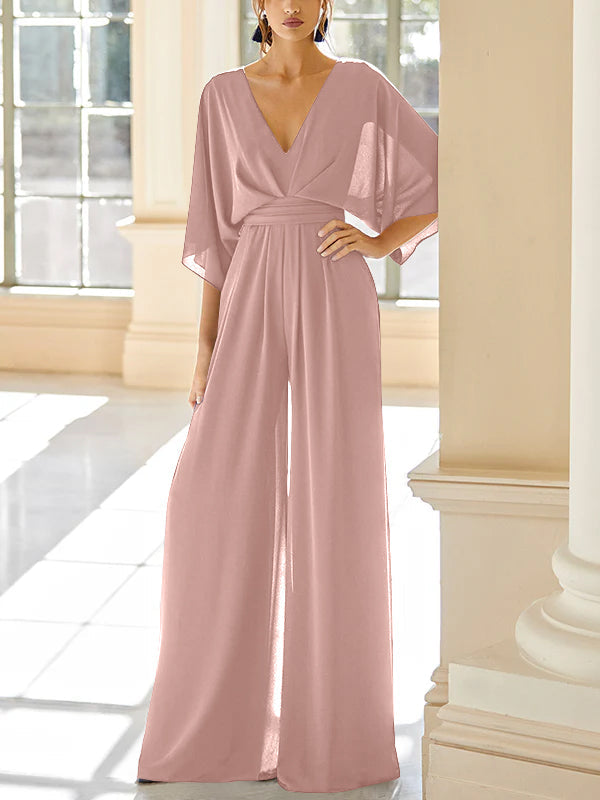 Mother of the Bride V Neck Chiffon Pantsuit Featuring Pockets