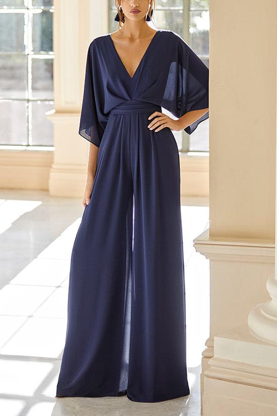 Mother of the Bride V Neck Chiffon Pantsuit Featuring Pockets