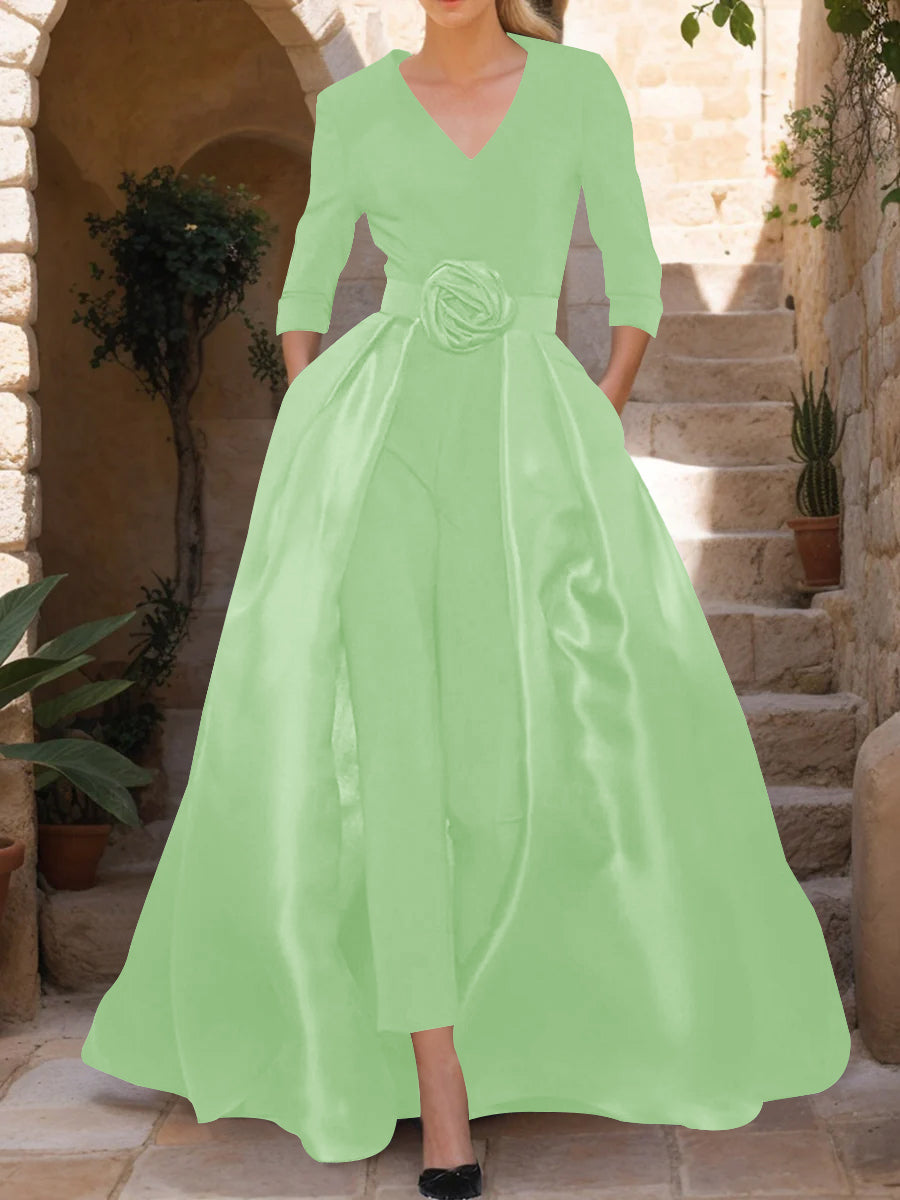 Mother of the Bride V Neck Pantsuit with 3/4 Sleeves and Flower Belt