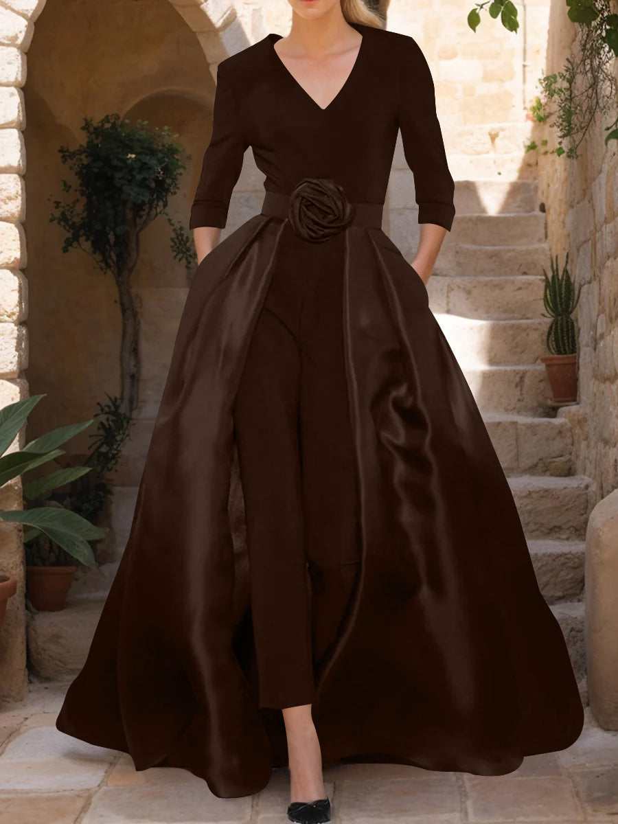 Mother of the Bride V Neck Pantsuit with 3/4 Sleeves and Flower Belt