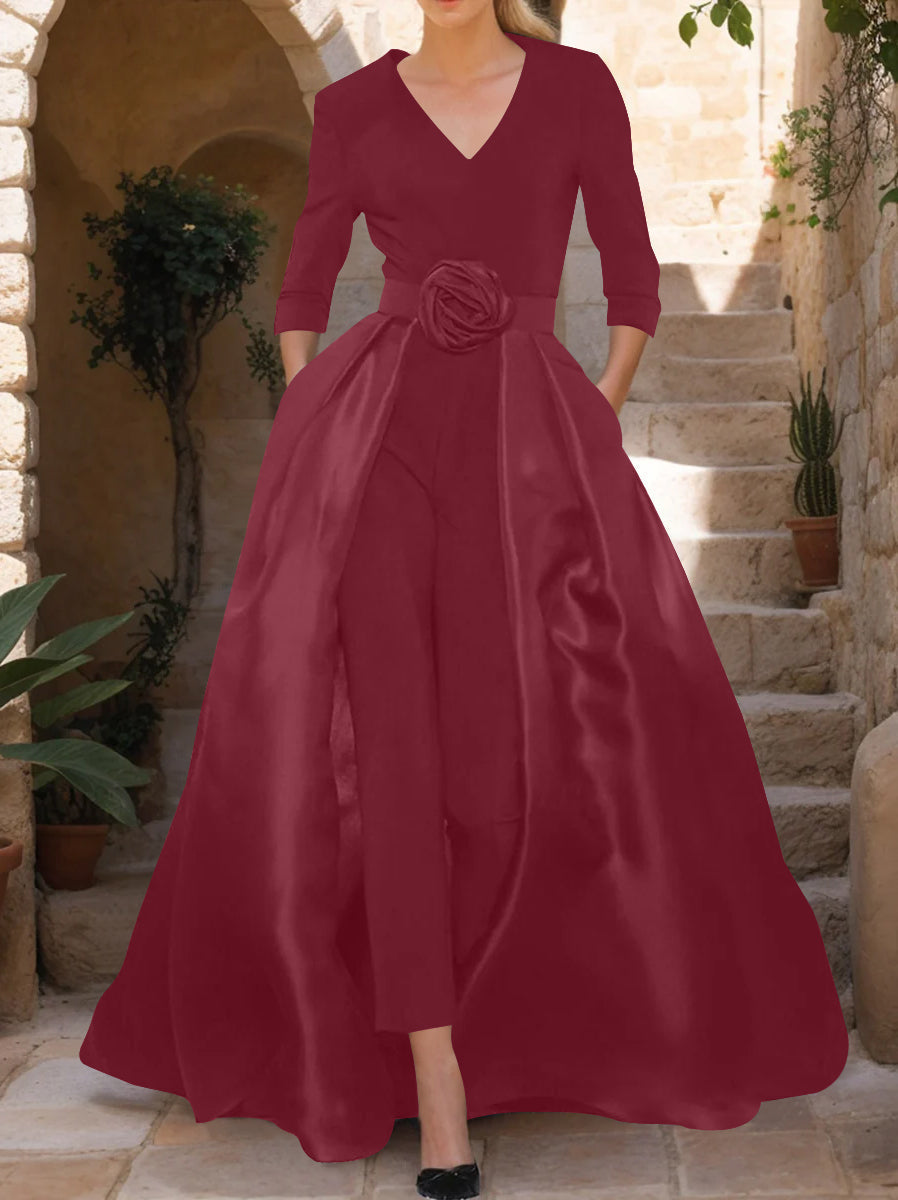 Mother of the Bride V Neck Pantsuit with 3/4 Sleeves and Flower Belt