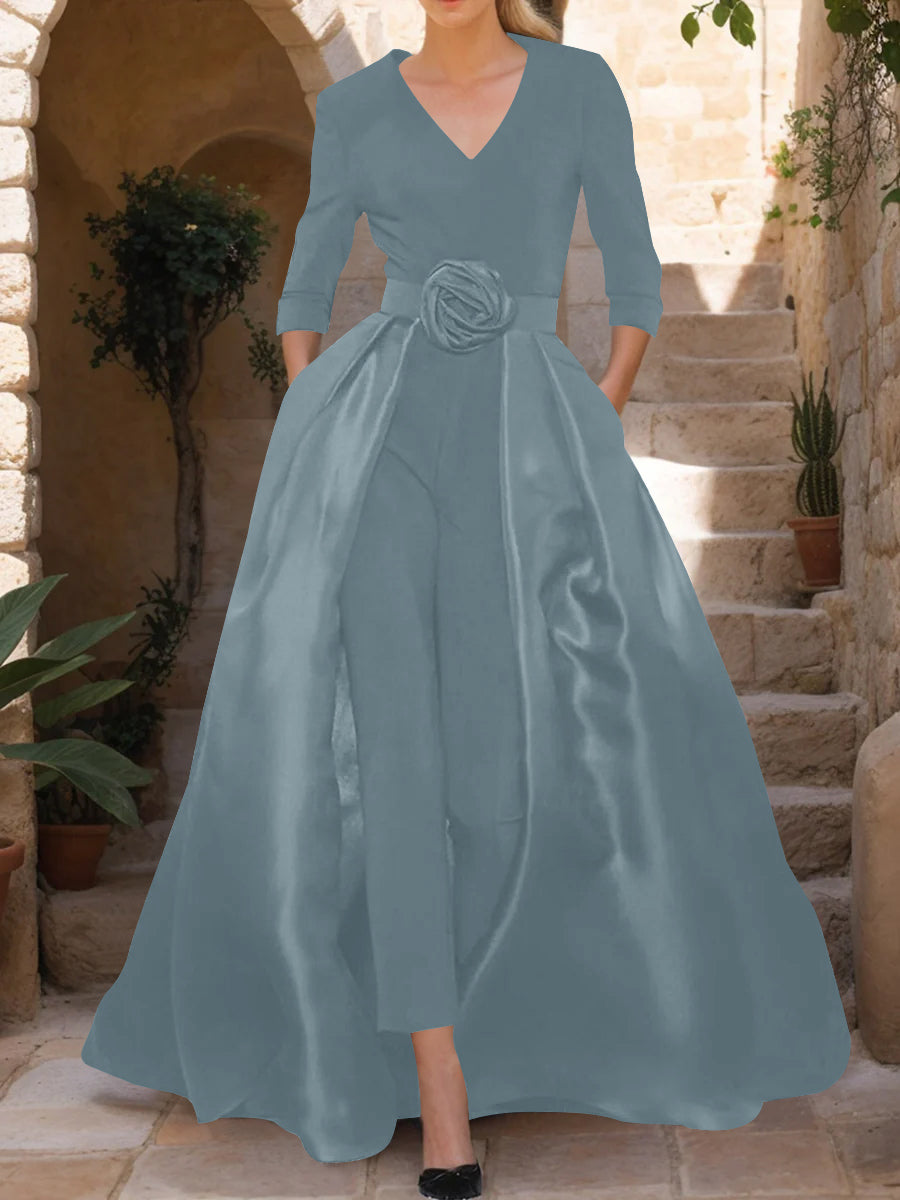 Mother of the Bride V Neck Pantsuit with 3/4 Sleeves and Flower Belt