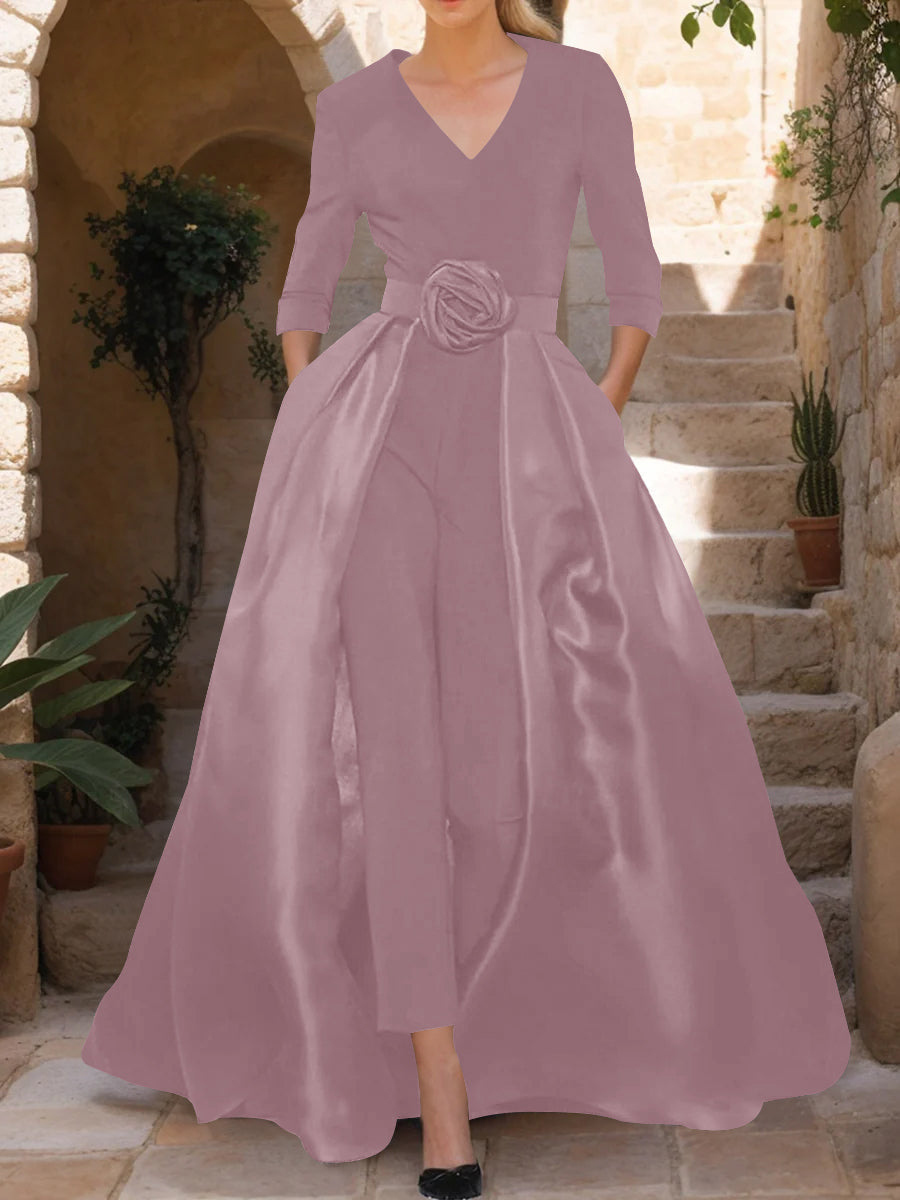 Mother of the Bride V Neck Pantsuit with 3/4 Sleeves and Flower Belt
