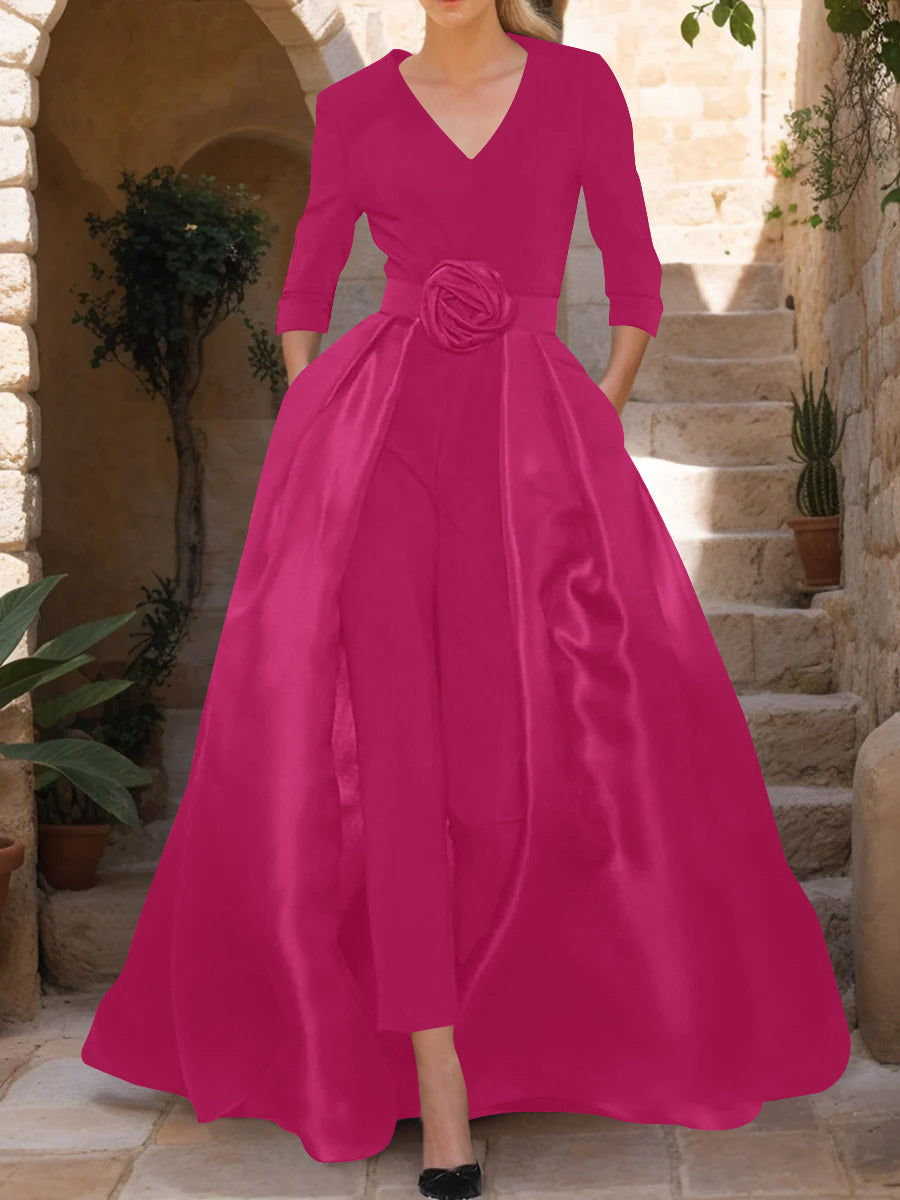 Mother of the Bride V Neck Pantsuit with 3/4 Sleeves and Flower Belt