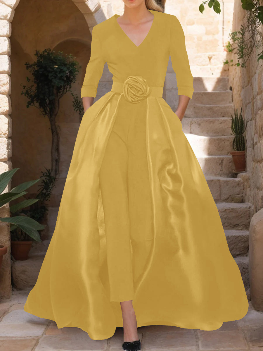 Mother of the Bride V Neck Pantsuit with 3/4 Sleeves and Flower Belt