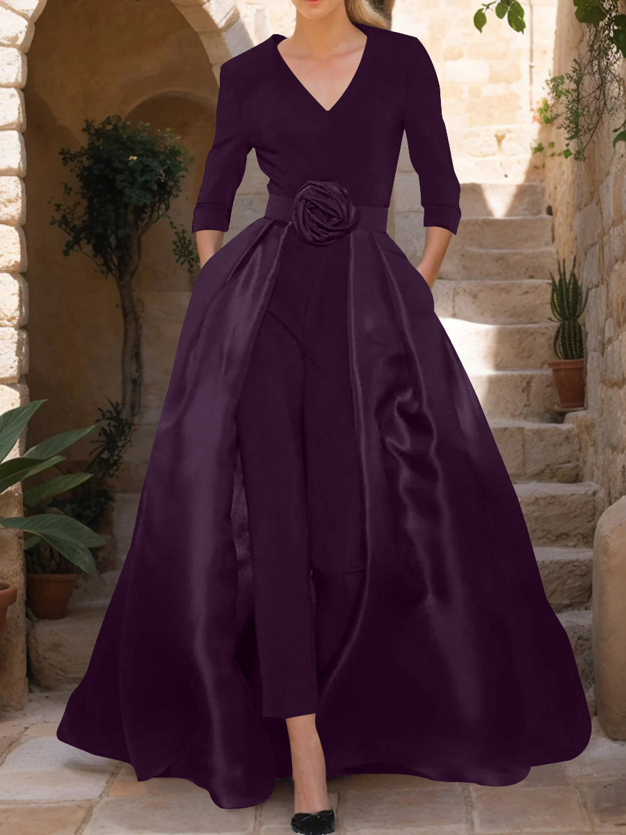Mother of the Bride V Neck Pantsuit with 3/4 Sleeves and Flower Belt