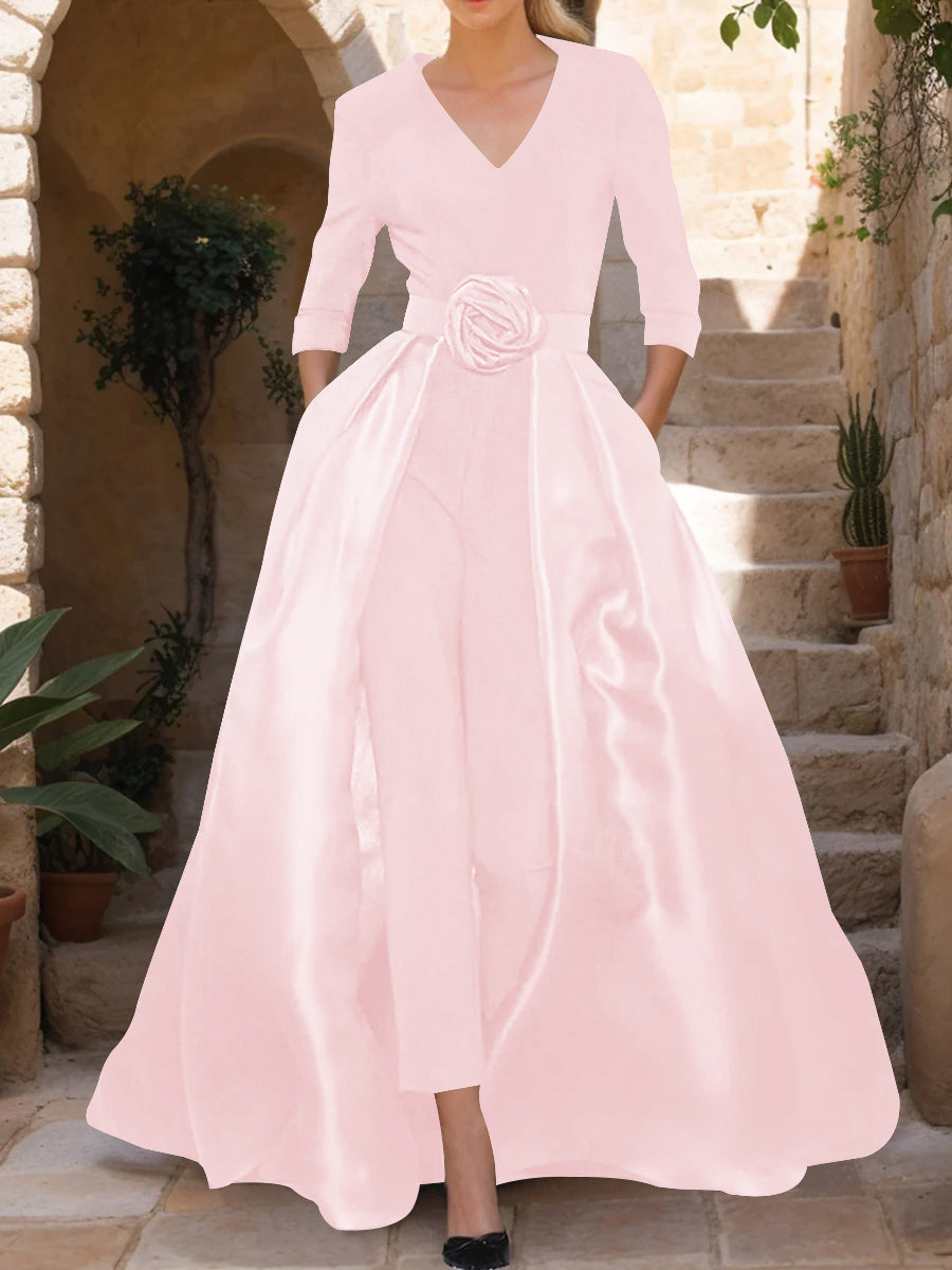 Mother of the Bride V Neck Pantsuit with 3/4 Sleeves and Flower Belt