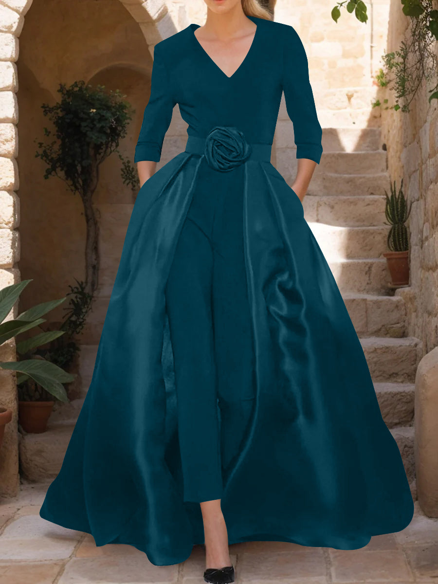 Mother of the Bride V Neck Pantsuit with 3/4 Sleeves and Flower Belt