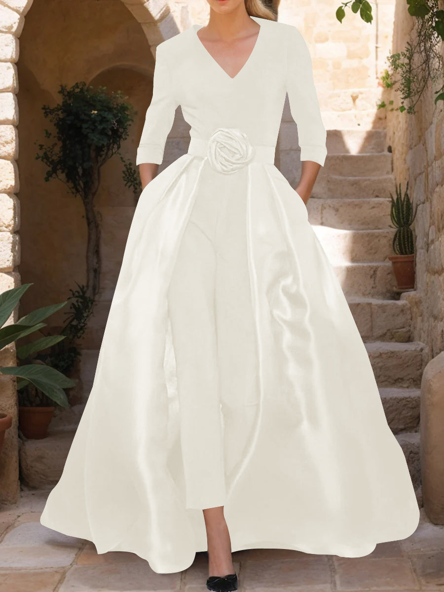 Mother of the Bride V Neck Pantsuit with 3/4 Sleeves and Flower Belt
