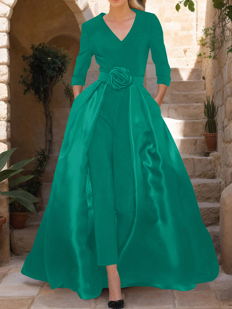 Mother of the Bride V Neck Pantsuit with 3/4 Sleeves and Flower Belt