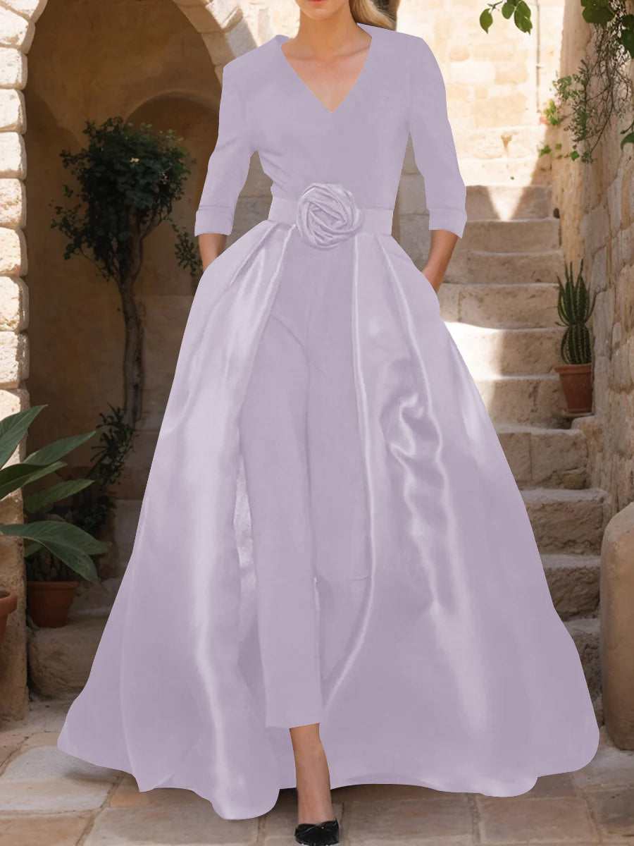 Mother of the Bride V Neck Pantsuit with 3/4 Sleeves and Flower Belt