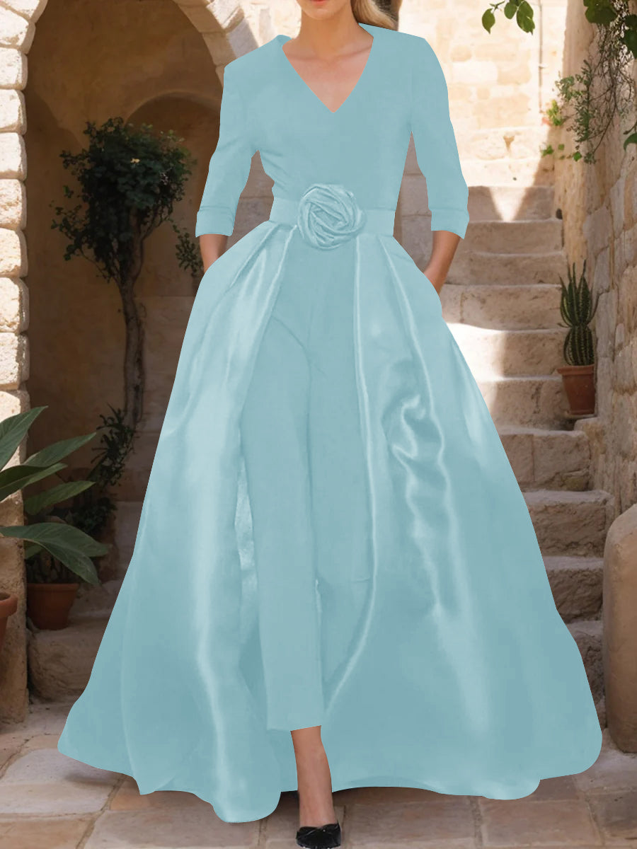Mother of the Bride V Neck Pantsuit with 3/4 Sleeves and Flower Belt