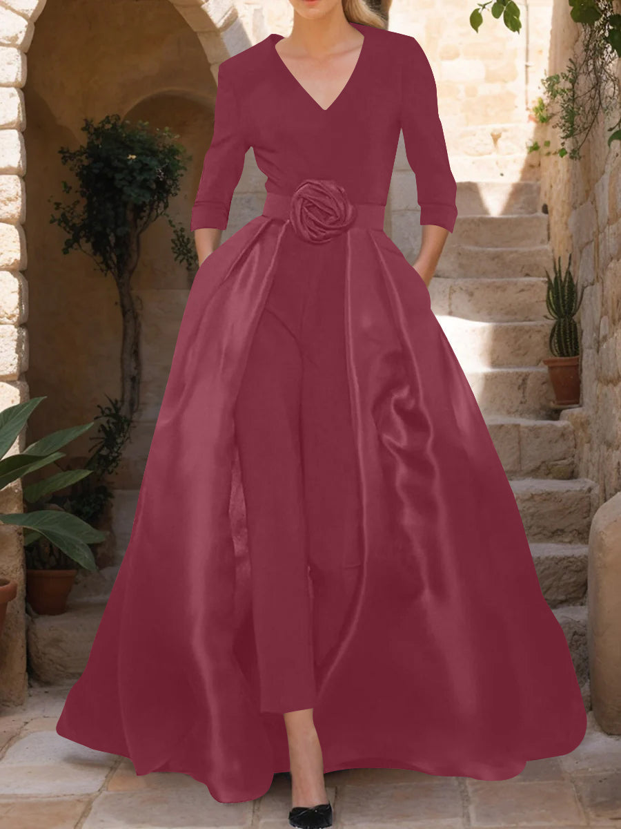 Mother of the Bride V Neck Pantsuit with 3/4 Sleeves and Flower Belt