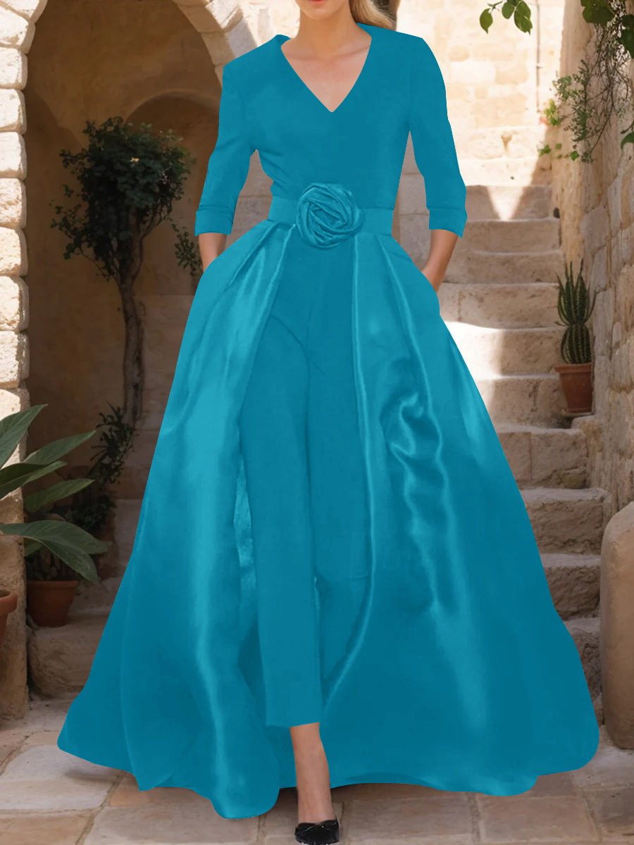 Mother of the Bride V Neck Pantsuit with 3/4 Sleeves and Flower Belt