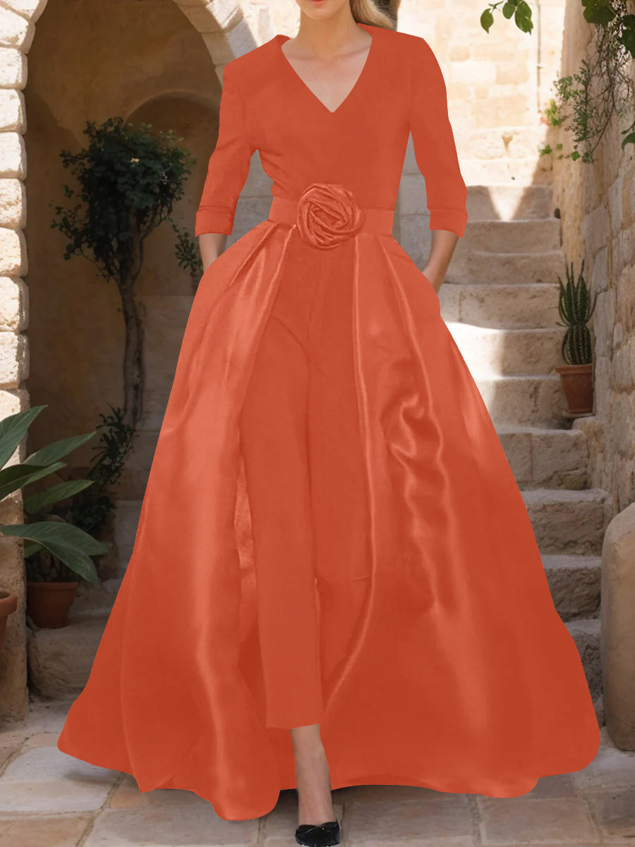 Mother of the Bride V Neck Pantsuit with 3/4 Sleeves and Flower Belt