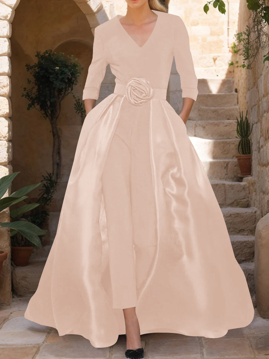 Mother of the Bride V Neck Pantsuit with 3/4 Sleeves and Flower Belt