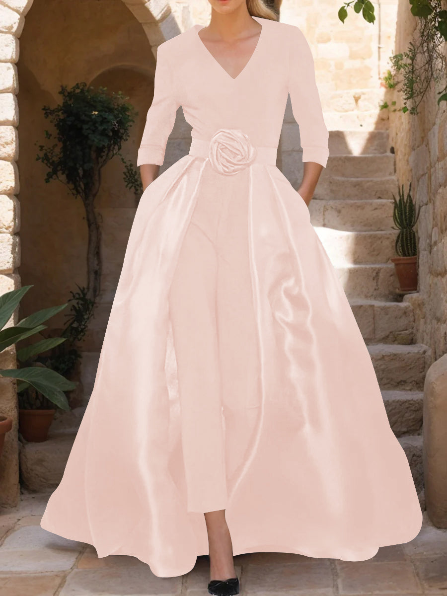 Mother of the Bride V Neck Pantsuit with 3/4 Sleeves and Flower Belt