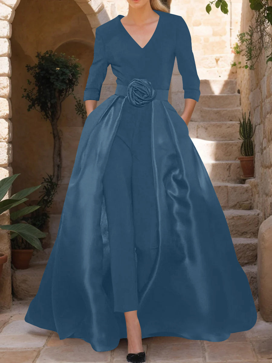 Mother of the Bride V Neck Pantsuit with 3/4 Sleeves and Flower Belt