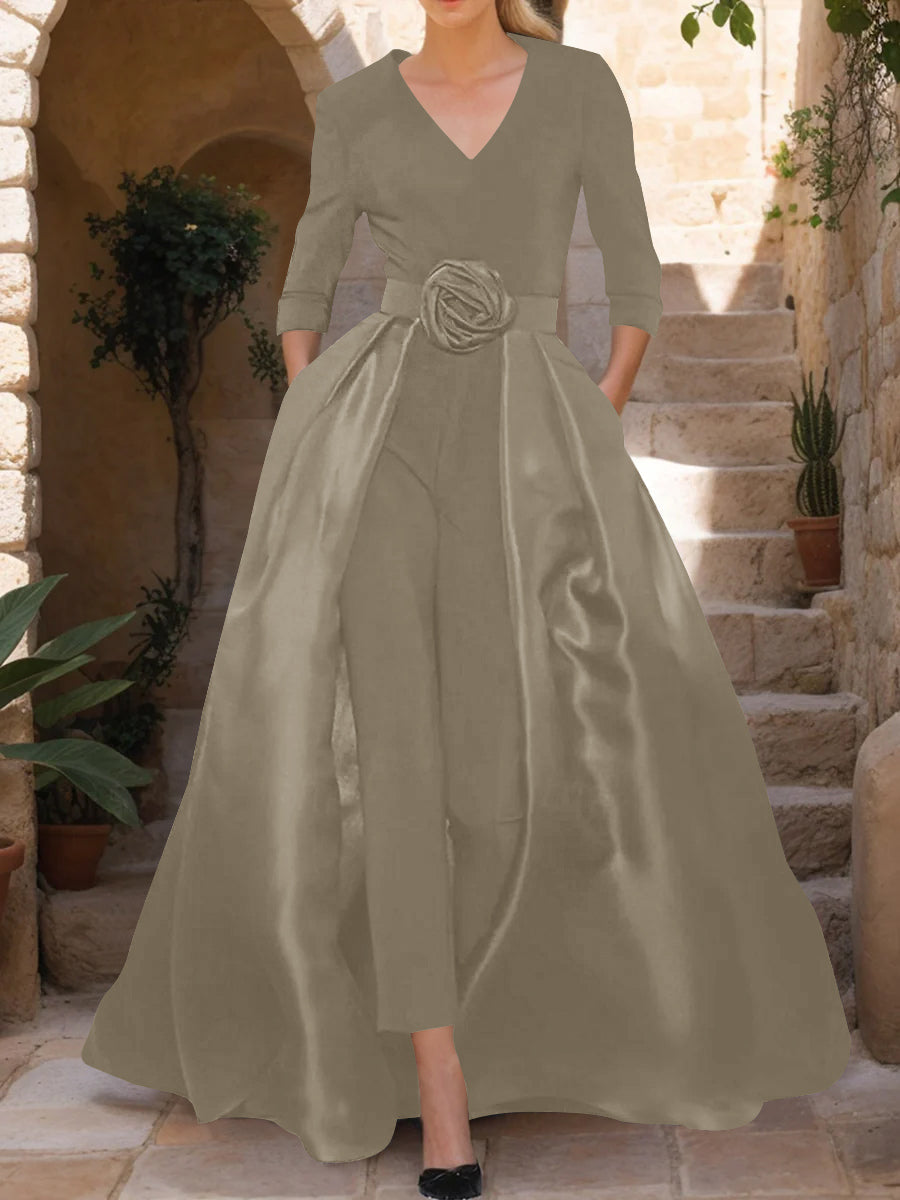 Mother of the Bride V Neck Pantsuit with 3/4 Sleeves and Flower Belt