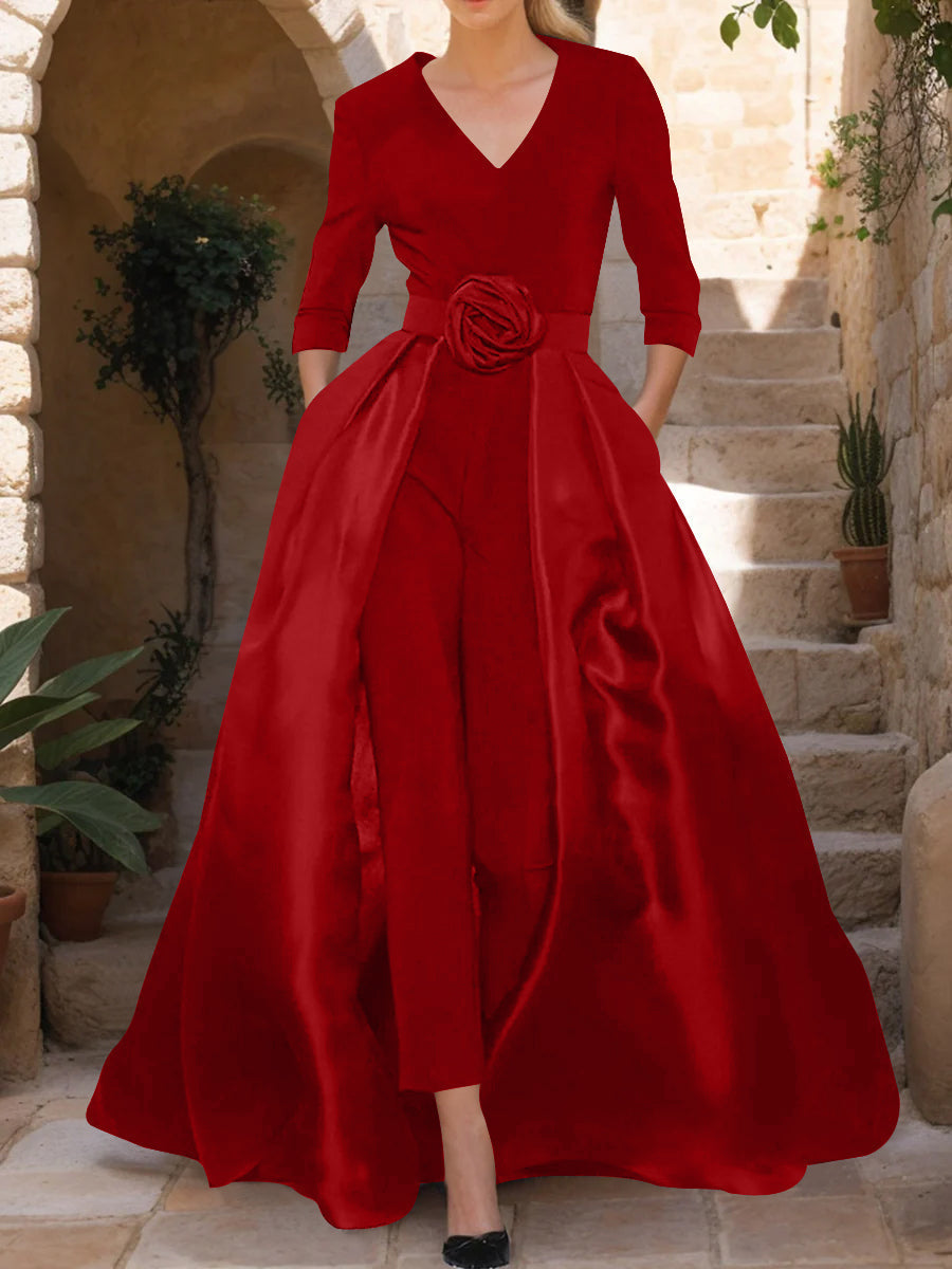 Mother of the Bride V Neck Pantsuit with 3/4 Sleeves and Flower Belt