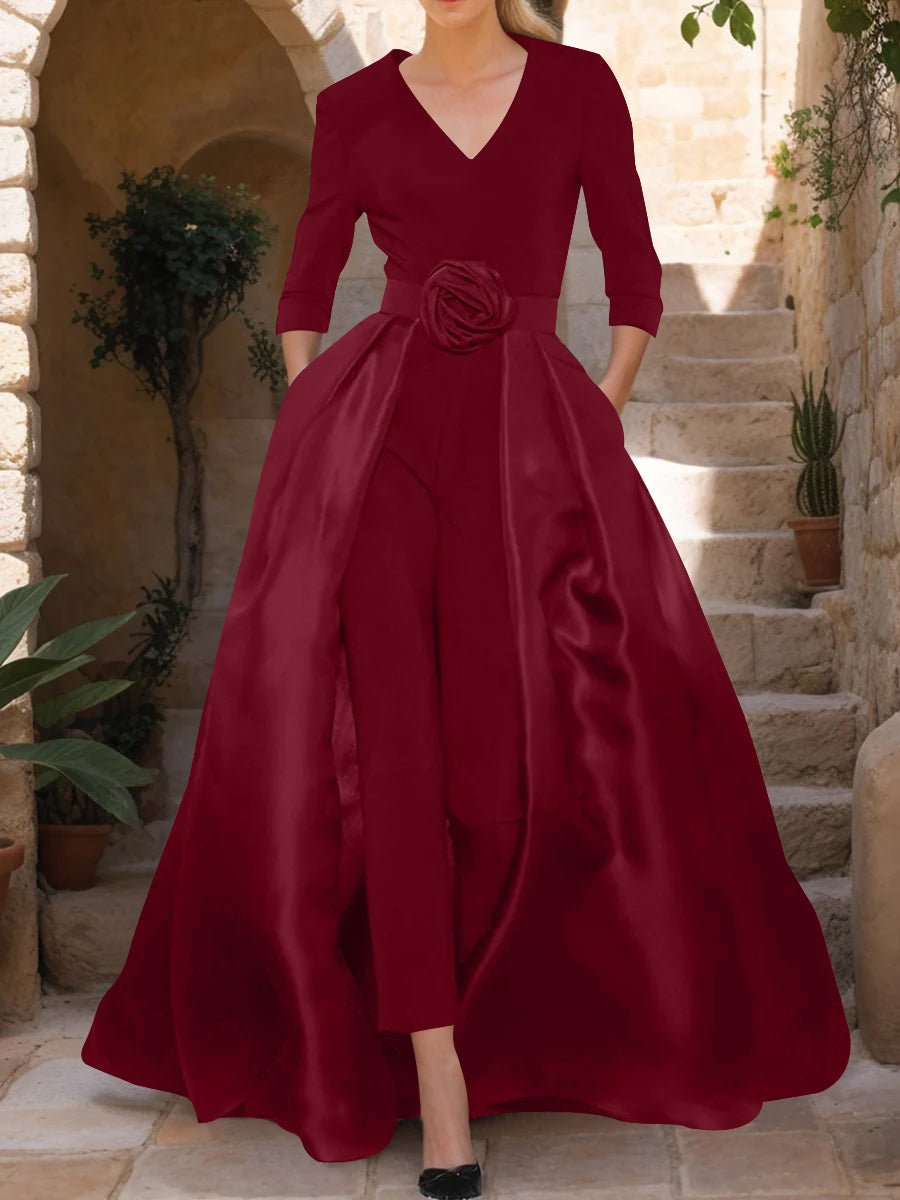 Mother of the Bride V Neck Pantsuit with 3/4 Sleeves and Flower Belt