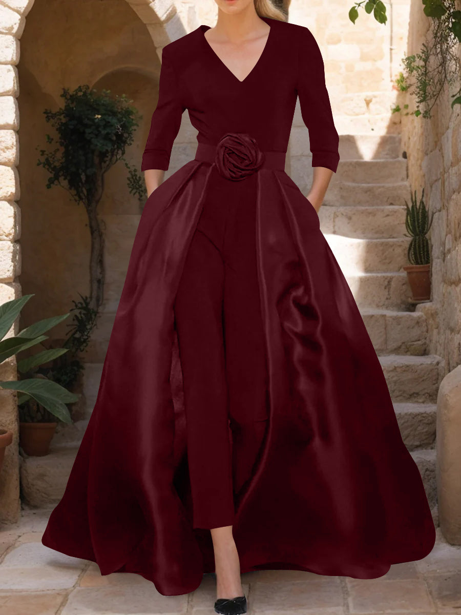 Mother of the Bride V Neck Pantsuit with 3/4 Sleeves and Flower Belt