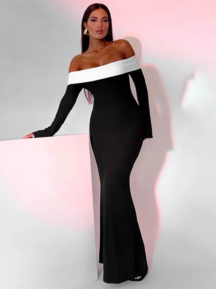 Contrast Color Offshoulder Backless Maxi Dress