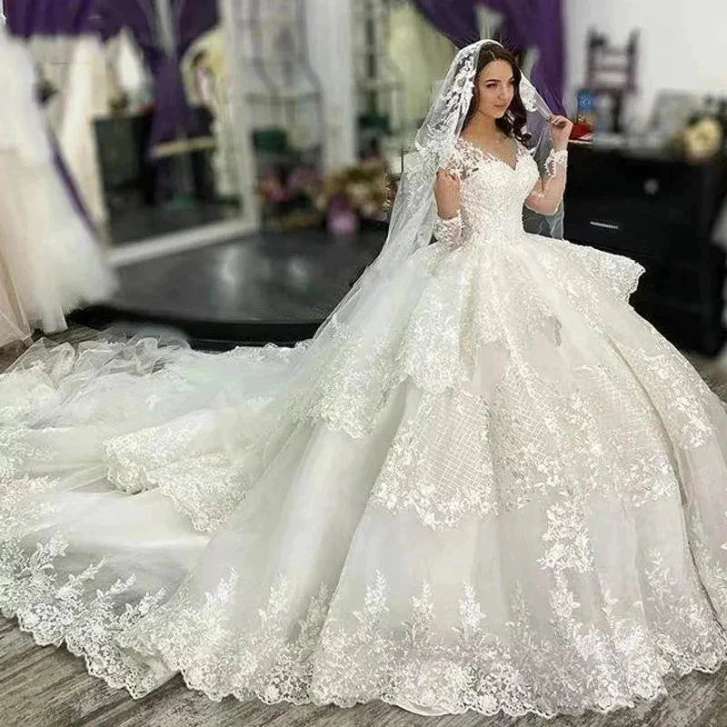Muslim Wedding Dresses Women's Elegant A-line Arab Bridal Gowns Lace Applique Robe Luxury Princess Layered Group 2023 De Mariée by payinti
