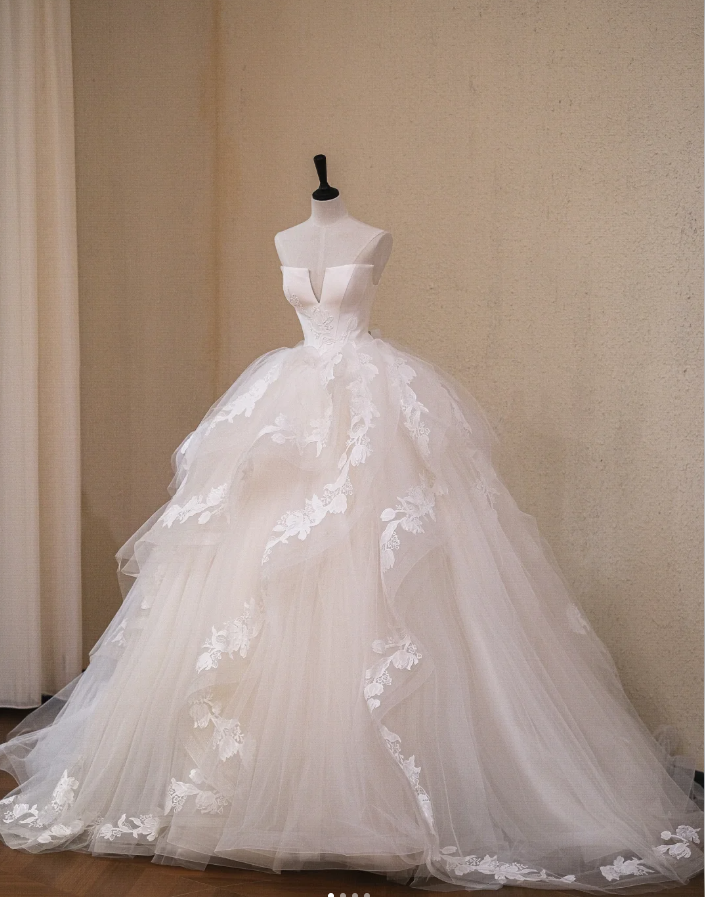 Pretty White Satin Tulle Appliques Long Wedding Dress Formal Bridal Dress