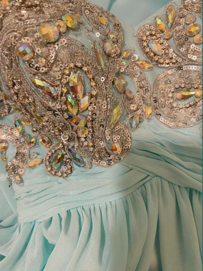 Pretty Strapless Blue Satin Chiffon Beaded Long Wedding Guest Dress Formal Birthday Party Dress - View 3 | VelvetHem