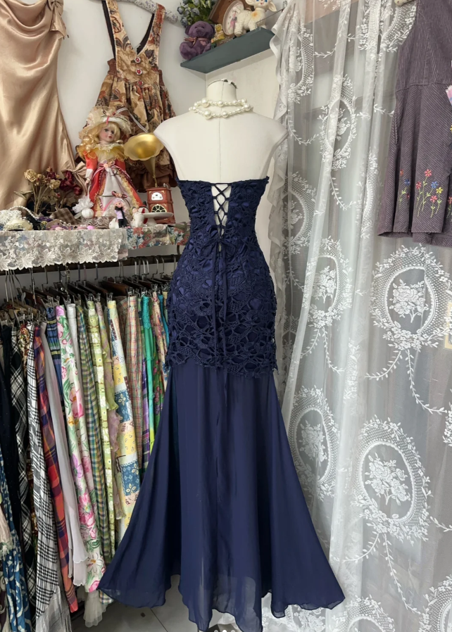 Charming Navy Blue Strapless Lace Beaded Mermaid Long Evening Dress Party Dress
