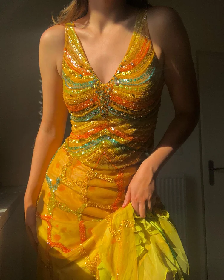 Pretty V Neck Chiffon Sequins Two Piece Prom Evening Dress Y8299