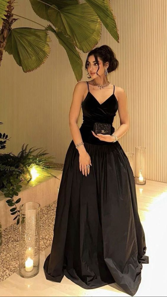 Simple Black Spaghetti Straps Satin Party Prom Dress A Line Evening Dress - View 2 | VelvetHem