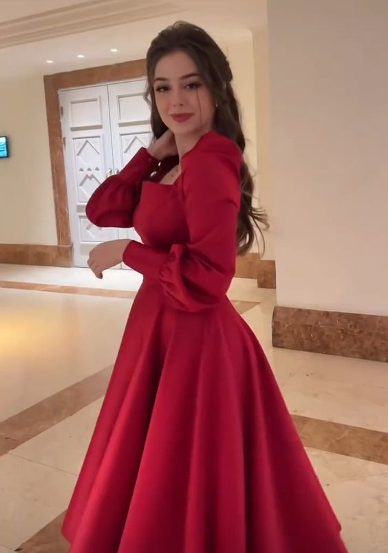 Retro Style Red A-line Long Sleeves Party Dress - VelvetHem