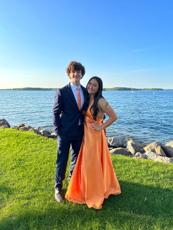 Orange A-line V Neck Prom Dress,Orange Bridesmaid Dress - VelvetHem