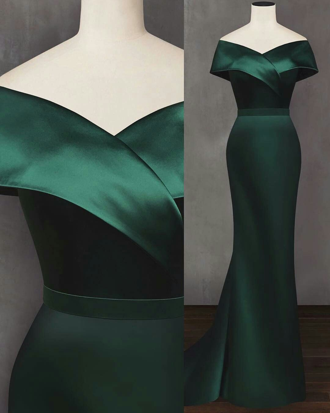 Emerald Green Evening Dress Off The Shoulder Satin Elegant Simple Mermaid Party Gowns - VelvetHem