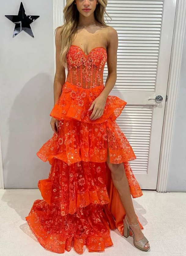 Chic Orange Strapless A-Line Lace Layered Appliques Prom Dress Slit Evening Dress Y7885 - VelvetHem